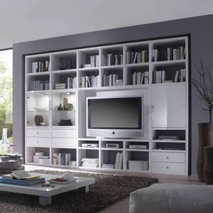 Ensemble meuble TV Empire Blanc brillant - 3 portes / 6 tiroirs - Avec éclairage