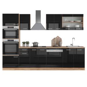 Küchenzeile R-Line 300cm/ohne AP Hochglanz Schwarz - Eiche Dekor
