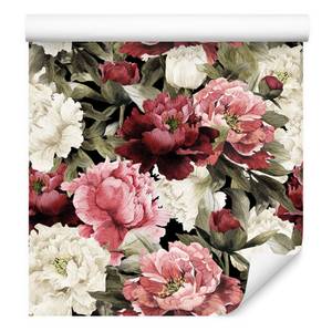 Papier Peint fleurs colorées pivoines Beige - Noir - Vert - Rouge - Papier - 53 x 1000 x 1000 cm