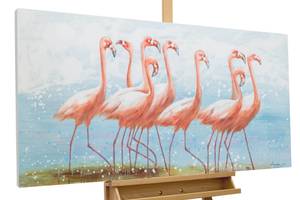 Tableau peint à la main Flamingo Clique Bleu - Rose foncé - Bois massif - Textile - 120 x 60 x 4 cm