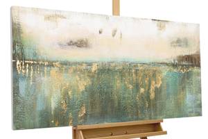 Tableau peint à la main Over the Horizon Beige - Turquoise - Bois massif - Textile - 120 x 60 x 4 cm