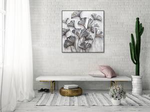 Tableau peint à la main Elegant Leaves Gris - Blanc - Bois massif - Textile - 80 x 80 x 4 cm