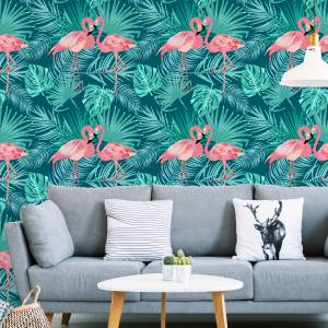 Papier Peint flamants feuilles exotiques Bleu - Vert - Turquoise - Papier - 53 x 1000 x 1000 cm