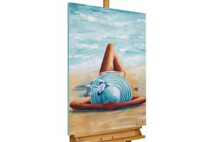 Tableau peint à la main Beach Beauty Beige - Bleu - Bois massif - Textile - 60 x 90 x 4 cm
