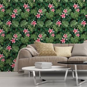 Papier Peint feuilles exotiques fleurs Noir - Vert - Rouge - Blanc - Papier - 53 x 1000 x 1000 cm