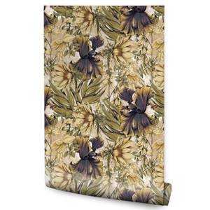 Papier Peint Feuilles Fleurs Vintage Beige - Noir - Vert - Mauve - Papier - Textile - 53 x 1000 x 1000 cm