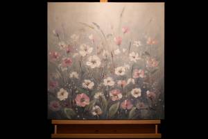 Tableau peint à la main Flowery Meadow Gris - Blanc - Bois massif - Textile - 60 x 60 x 4 cm
