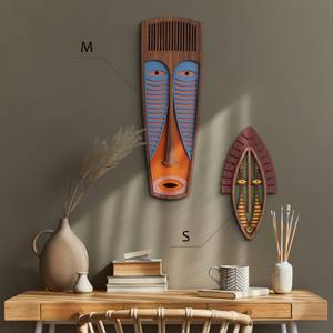 Masque mural Modern African Mask #42 Bleu - Orange - Bois manufacturé - Verre - Matière plastique - En partie en bois massif - 27 x 78 x 1 cm