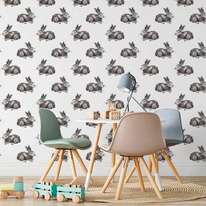 Papier Peint Pour Enfants LAPINS Animaux Noir - Blanc - Papier - Textile - 53 x 1000 x 1000 cm