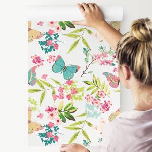 Papier Peint PAPILLONS Fleurs Feuilles Beige - Bleu - Vert - Blanc - Papier - Textile - 53 x 1000 x 1000 cm