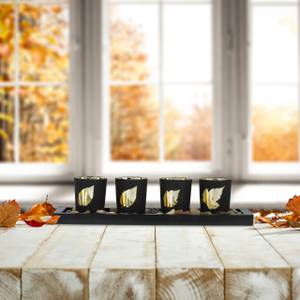 Teelichthalter Set mit Herbst-Motiv Schwarz - Gold - Holzwerkstoff - Glas - Stein - 33 x 8 x 12 cm