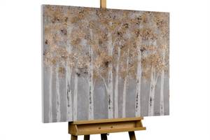 Tableau peint à la main Gold of Birches Gris - Bois massif - Textile - 100 x 75 x 4 cm