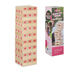 XL Wackelturm Holz mit Herzen Braun - Pink - Holzwerkstoff - 15 x 54 x 15 cm