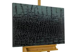 Tableau peint à la main Black Mamba Vert - Bois massif - Textile - 100 x 75 x 4 cm