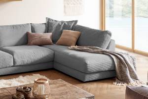 Sofa MADELINE Wohnlandschaft Cord Grau - Armlehne davorstehend rechts - Longchair davorstehend links