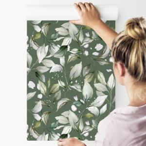 Papier Peint Brindilles FEUILLES Plantes Noir - Gris - Vert - Blanc - Papier - Textile - 53 x 1000 x 1000 cm