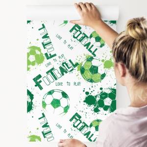 Papier Peint football graffiti enfants Vert - Blanc - Papier - 53 x 1000 x 1000 cm