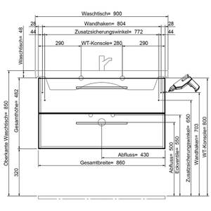 Waschplatz-Set grifflos in Eiche 90cm Braun - Holzwerkstoff - 90 x 200 x 44 cm