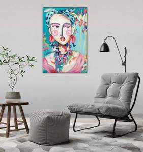 Acrylbild handgemalt Frida in Trad Blau - Pink - Massivholz - Textil - 60 x 90 x 4 cm
