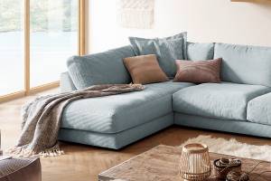 Sofa MADELINE Wohnlandschaft Cord Hellblau - Armlehne davorstehend links - Longchair davorstehend rechts