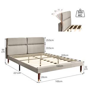 Polsterbett LEINCHANGE Ⅱ+ Grau - Holzwerkstoff - Metall - Massivholz - Textil - 165 x 98 x 221 cm