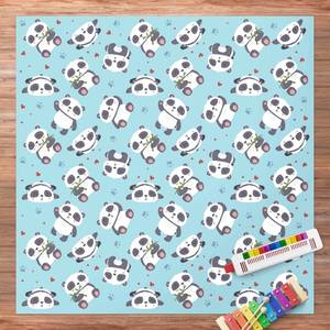 Süße Pandabären mit Herzen Pastellblau Vinyl-Teppich - Süße Pandabären mit Tapsen und Herzen Pastellblau - Quadrat 1:1 - 100 x 100 cm