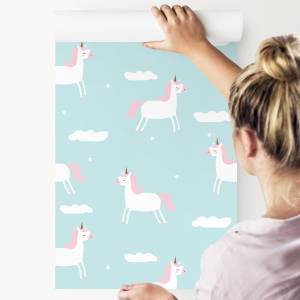 Papier Peint Pour Enfant LICORNES Nuages Bleu - Rose foncé - Blanc - Papier - Textile - 53 x 1000 x 1000 cm