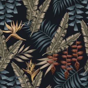 Papier Peint PLANTES Tropicales Nature Noir - Bleu - Vert - Rouge - Papier - Textile - 53 x 1000 x 1000 cm