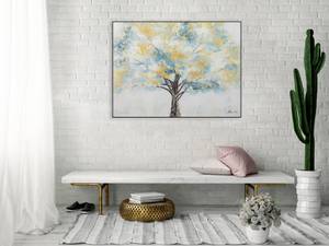 Tableau peint à la main Blooming Giant Doré - Turquoise - Bois massif - Textile - 100 x 75 x 4 cm