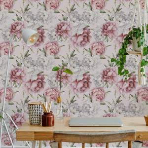 Papier Peint fleurs pivoines nature Beige - Noir - Gris - Vert - Blanc - Papier - 53 x 1000 x 1000 cm