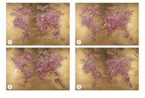 Tableau peint à la main Blossoming World Doré - Rose foncé - Bois massif - Textile - 120 x 80 x 4 cm