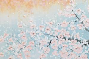 Tableau peint Blooming Beginning Bleu - Rose foncé - Bois massif - Textile - 120 x 60 x 4 cm