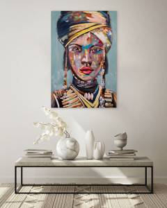 Tableau peint à la main African Beauty Bleu - Bois massif - Textile - 80 x 120 x 4 cm