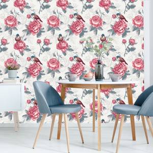 Papier Peint Feuilles Fleurs Oiseaux Marron - Gris - Rose foncé - Papier - Textile - 53 x 1000 x 1000 cm