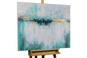 Tableau peint Secret of the Water Turquoise - Bois massif - Textile - 100 x 75 x 4 cm