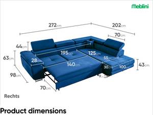 Ecksofa Carl L-Form Rechts Blau - Ecke davorstehend rechts - Longchair davorstehend rechts - Ottomane davorstehend rechts - Schlaffunktion davorstehend links