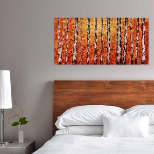 Bild handgemalt Herbstgold im Birkenwald Orange - Silber - Massivholz - Textil - 140 x 70 x 4 cm