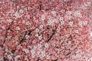 Tableau peint Cherry Blossom Charm Rose foncé - Bois massif - Textile - 80 x 80 x 4 cm