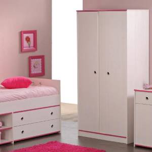 Smoozy slaapkamerset II (2-delig, roze of blauw) - kledingkast en opbergbed - draaibare randen - wit gelakt