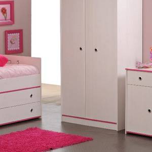 Kinderzimmer Smoozy (3tlg.) 3-tlg. - Kleiderschrank, Stauraum-Bett & Schreibtisch - weiß mit rosa Kanten