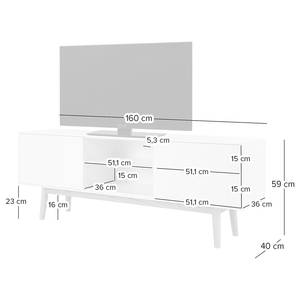 Meuble TV LINDHOLM Partiellement en chêne massif - Blanc - 160 x 40 cm