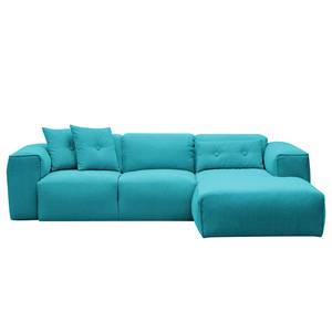 Hoekbank HUDSON 3-zits met chaise longue Geweven stof Anda II: Turquoise - Breedte: 251 cm - Longchair vooraanzicht rechts