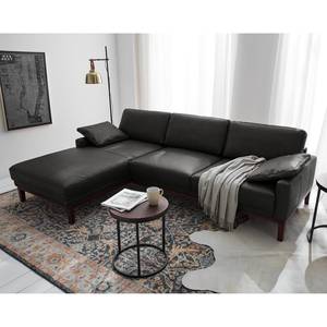 Ecksofa HORLEY mit Longchair Echtleder Cerys: Schwarz - Longchair davorstehend links