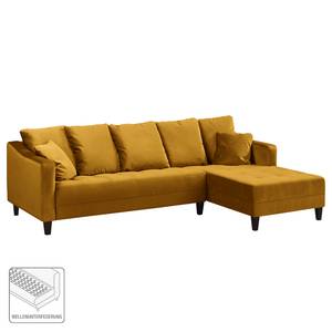Canapé d'angle Elnora Velours - Jaune moutarde - Méridienne longue à droite (vue de face) - Sans repose-pieds