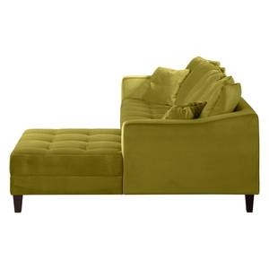 Canapé d'angle Elnora Velours - Vert olive - Méridienne longue à droite (vue de face) - Avec repose-pieds