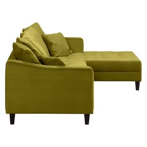 Canapé d'angle Elnora Velours - Vert olive - Méridienne longue à droite (vue de face) - Avec repose-pieds