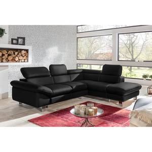 Ecksofa Waiho II Echtleder Schwarz - Longchair davorstehend rechts - Mit Schlaffunktion