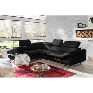 Ecksofa Waiho II Echtleder Schwarz - Longchair davorstehend links - Mit Schlaffunktion