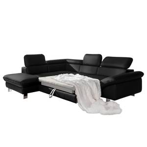 Ecksofa Waiho II Echtleder Schwarz - Longchair davorstehend links - Mit Schlaffunktion