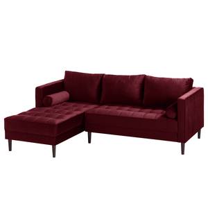 Hoekbank LAONA fluweel - Velours Pauno: Bordeaux - Longchair vooraanzicht links - Met hocker